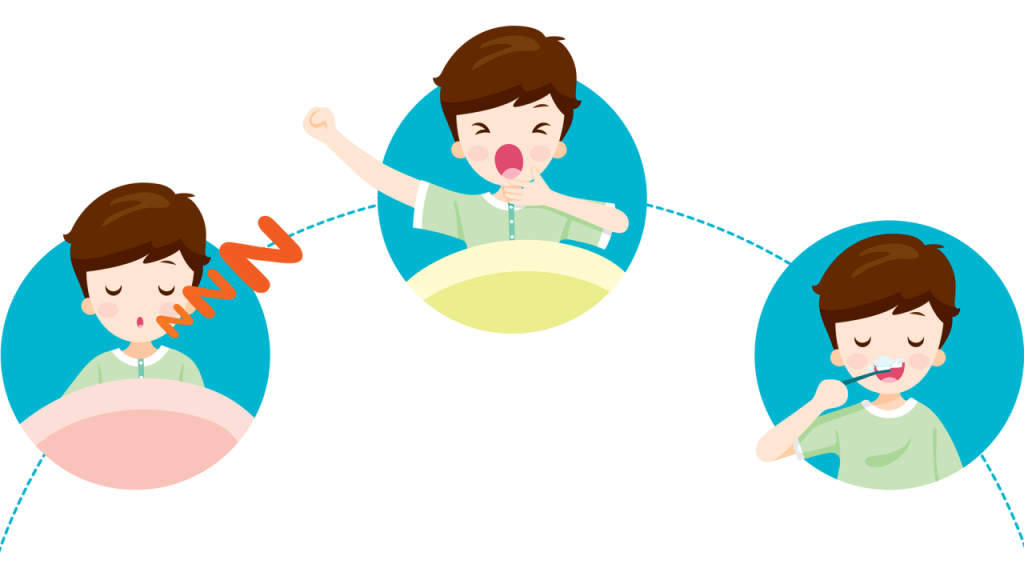 illustration of a child sleeping, yawning, and brushing teeth